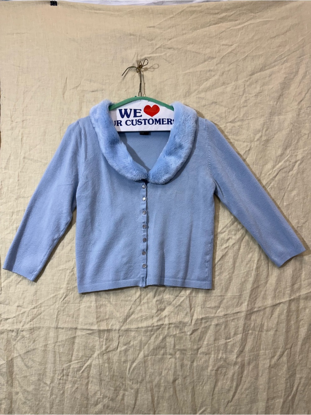 Takeout Baby Blue Faux-Fur Collar Cardigan